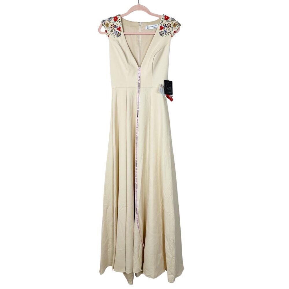 NWT Mac Duggal Beaded Cap Sleeve V Neck A Line Gown Vanilla 0 - Picture 3 of 8